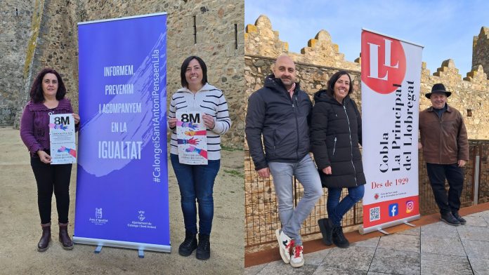 La regidora d'igualtat i Dona, Elena Montiel, amb la compositora Monti Galdón i integrants de la cobla la Principal del Llobregat, respectivament Calonge i Sant Antoni estrena pel 8M la sardana 'Calonge i Sant Antoni pensa en lila'